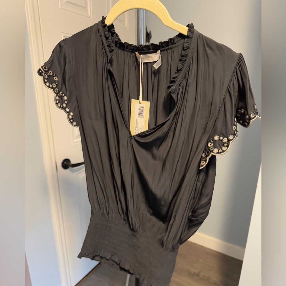 Ramy Brook Women's Black Chandra Eyelet-Embroidered Shirred Top Size XS NWT